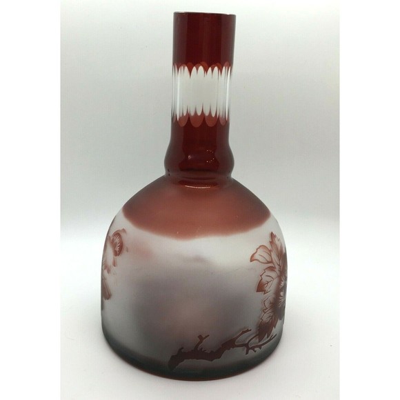 Vintage BOHEMIAN GLASS Vase Ruby Red Cut To Clear Neck & Base Frosted Floral - Picture 4 of 12